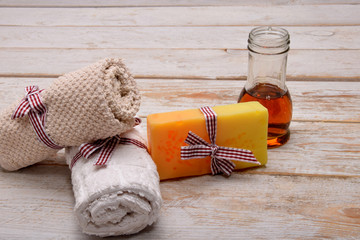 a gift for the birth of Christmas soap for hand-washing, two towels, and body oil