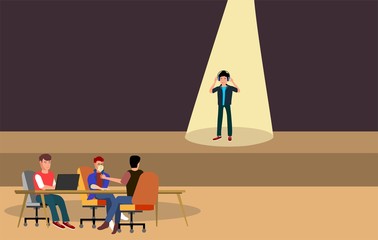 Yang man at singing talent show in fron of  jury, performing on stage, spotlight  vector illustration
