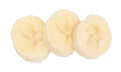 peeled banana pieces isolated on white background with clipping path and full depth of field. Top view. Flat lay.
