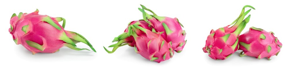 Ripe Dragon fruit, Pitaya or Pitahaya isolated on white background, fruit healthy concept. Set or...