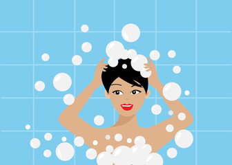 Young beautiful woman taking shower and shampooing her hair in bathroom. Vector. Idea for cleaning when back home to protect from covid-10/bacteria and diseases or cleaning concept.