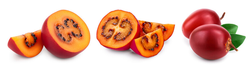Fresh tamarillo fruit with leaves isolated on white background, Set or collection