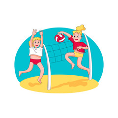 happy young people playing beach volleyball. concept of summer time activity, summer camp. cartoon style stock vector illustration isolated on white background