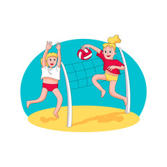 happy young people playing beach volleyball. concept of summer time activity, summer camp. cartoon style stock vector illustration isolated on white background