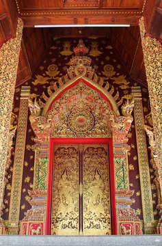 Church door entrance in Wat Sri Ping Muang, Chiangmai province, Northern Thailand.