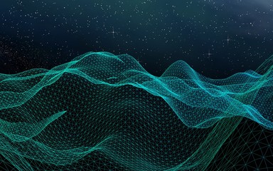 Fototapeta premium Abstract landscape on a dark background. Cyberspace grid. hi tech network. Outer space. Starry outer space texture. 3D illustration