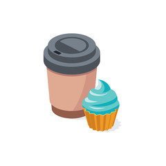 Coffee and cheesecake. Vector 3d isometric, color web icon, new flat style. Creative illustration design, isolated graphic idea for infographics.