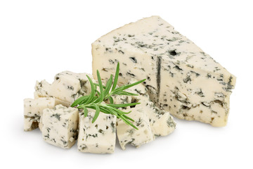 Blue cheese with rosemary isolated on white background with clipping path and full depth of field.