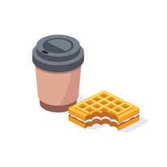 Coffee and Waffle cookies with cream. Vector 3d isometric, color web icon, new flat style. Creative illustration design, isolated graphic idea for infographics.