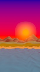 Sun Sea Beach. Sunrise. Ocean shore line with waves on a beach. Island beach paradise with waves. Vacation, summer, relaxation. Seascape, seashore. Minimalist landscape, primitivism. 3D illustration