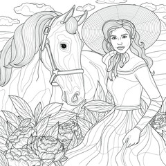 A girl in a hat and dress stands near a horse. they are surrounded by peonies.Coloring book antistress for children and adults. Illustration isolated on white background.Zen-tangle style. 