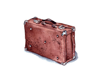 hand-drawn watercolor illustration. a vintage closed old brown leather suitcase stands on the floor. isolated