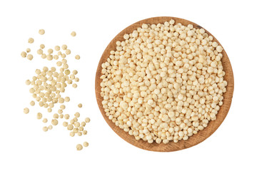 white quinoa seeds in wooden bowl isolated on white background with clipping path and full depth of field. Top view. Flat lay.