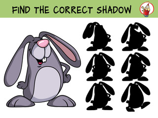 Funny rabbit. Find the correct shadow. Educational matching game for children. Cartoon vector illustration