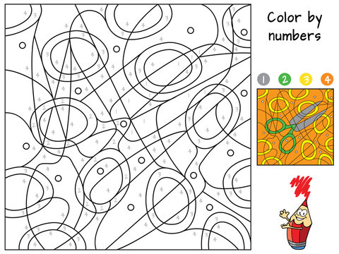 Scissors. Color by numbers. Coloring book. Educational puzzle game for children. Cartoon vector illustration