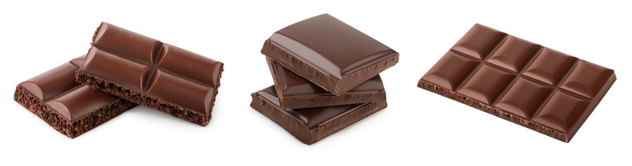 Small dark chocolate pieces isolated on white background with clipping path. Set or collection