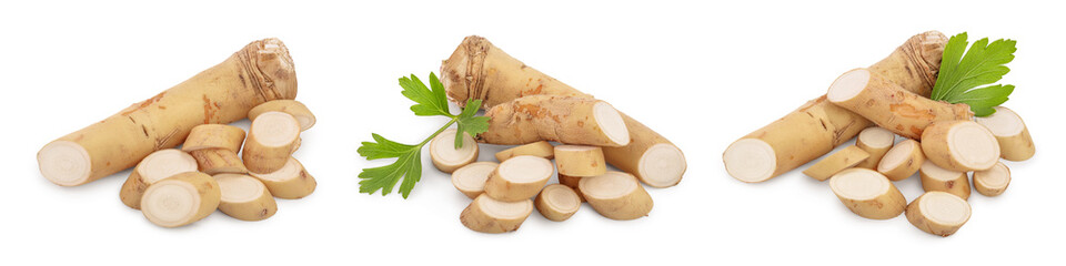 Horseradish root with slices and parsley isolated on white background. Set or collection