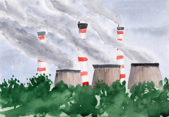 Stock watercolor illustration of factory pipes with smoke. Concept for air pollution or environmental damage. Industrial plants with trees on the foreground. Background concept for factory.