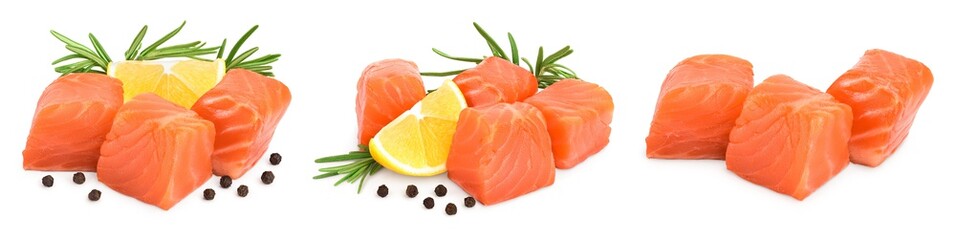raw salmon piece cube with rosemary and peppercorn isolated on white background close up. Set or collection