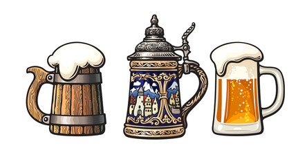 Vintage colorful set of beer mugs. Old wooden mug. Traditional German stein. Glass mug with foam. Vector illustration.