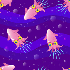 Fototapeta na wymiar The pink squid in the water, children's seamless vector texture