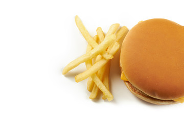 a fresh tasty cheeseburger or burger with fries stack isolated on a white background. fast food.