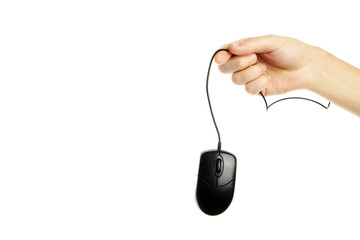black computer mouse at caucasian person hand. isolated on a white background. hardware and web...