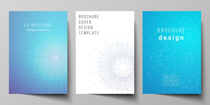 Vector layout of A4 format modern cover mockup design templates for brochure, magazine, flyer, booklet, report. Big Data Visualization, geometric communication background with connected lines and dots