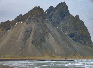 The Vestrahorn mountain on the Icelandic coast jut directly out of the ocean