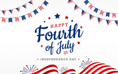 Happy 4th of July, USA Independence Day with waving American national, garlands on top fireworks on the white background, use for sale banner, discount banner, advertisement banner, etc. - obrazy, fototapety, plakaty