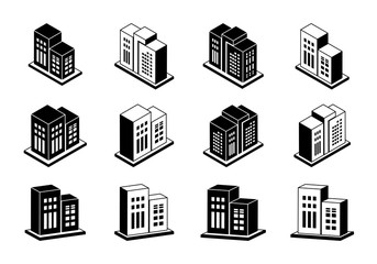 Fototapeta premium Building icons vector set, Perspective company collection on white background, Black line hotel condo and apartment illustration, Isometric graphic bank and office silhouette