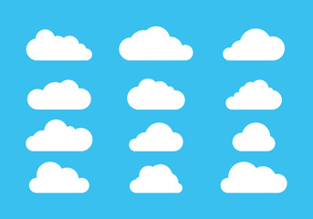 Cloud icons vector set, Flat cloudy vector collection, White clouds group design on blue background