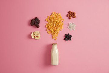 Ingredients for homemade granola breakfast. Bottle of fresh milk, cereals and dried fruits such as apple, coconut, grape around isolated on pink background. Preparing muesli. Perfect nourishing snack