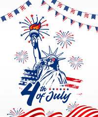 Celebrating 4th of July American independence day, fireworks incorporated with statue of liberty, American waving flag, garlands use for greeting postcard, sale banner, web slider, discount, etc 