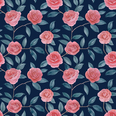 Illustration painted watercolor design background. Botanical pattern. Pink flowers on a blue background. For wrapping paper, textile and print. Art decor for design of flowers and leaves.