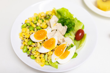 Vegetable salad with chicken breast and boiled egg. Salad with vegetables and grains isolated on white background. Top view
