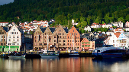 View of historical architecture, buildings, Bryggen in Bergen, Norway UNESCO World Heritage Site