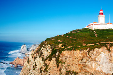Fototapeta na wymiar Cabo da Roca, Portugal. Lighthouse and Atlantic Ocean view, the most westerly point of European mainland