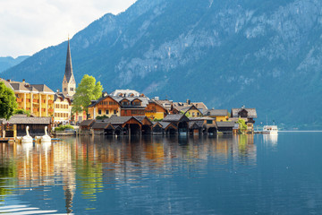 Scenic view of the famous mountain village Hallstatt in the Salzkammergut region, OÖ, Austria, seen from the southern lakeshore