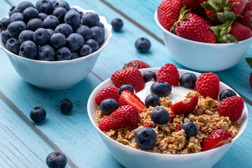 Muesli with greek yogurt on the table