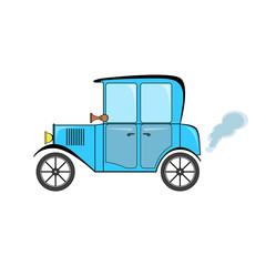 Blue retro car in cartoon style on white background.