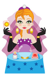 Obraz premium Fortuneteller with red hair and purple veil reads tarot cards with crystal ball