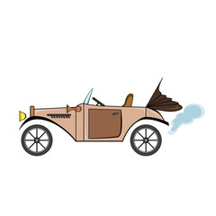 Beige retro car in cartoon style on white background.