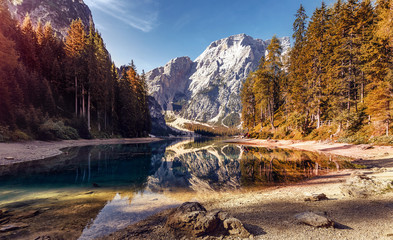 Wonderful nature landscape of Dolomites mountains. Braies Lake (Lago di Braies), Dolomiti, Trentino-Alto-Adige, Italy.