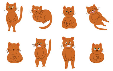 Fototapeta premium A set of red cats with different emotions in a hand drawn style.