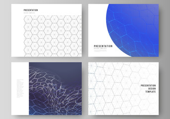 Vector layout of the presentation slides design business templates. Digital technology and big data concept with hexagons, connecting dots and lines, polygonal science medical background.