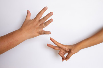 Fingers and two hands symbolize their symbol on a white background.