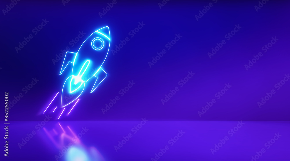 Poster rocket neon light icon with studio purple background. start up and idea concept. 3d rendering - illu