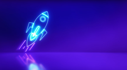 Rocket neon light icon with studio purple background. Start up and idea concept. 3d rendering - illustration. © ImagesRouges