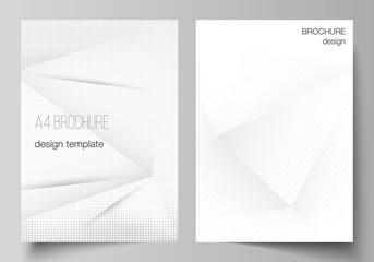 Fototapeta premium Vector layout of A4 cover mockups design templates for brochure, flyer layout, cover design, book design, brochure cover. Halftone dotted background with gray dots, abstract gradient background.